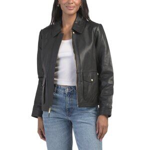 COLE HAAN Black Leather Collared Jacket